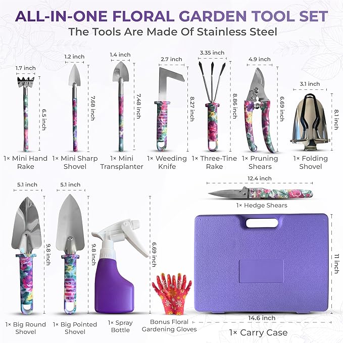 12-Piece Gardening Tools Set – Rust-Resistant Stainless Steel Hand Tools with Ergonomic Floral Handles &amp Carry Case Includes Folding Shovel &amp Gloves – Perfect Gardening Kit for Women &amp Be