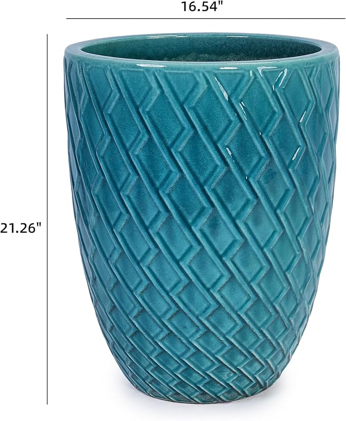 Handmade Teal Cyan Ceramic Flower Pot 16.54 W x 21.26 H Large Planter for Indoor Outdoor Potted Plants Flowers by Front Door Breathable Clay with Drainage