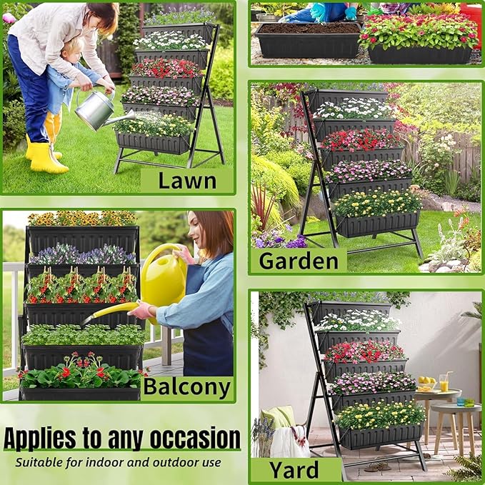 Homdox 2 Pack Vertical Garden Bed 5 Tiers Vertical Raised Garden Planter 23 * 26 * 45Inch Outdoor Garden Raised Bed with 4 Hooks Vegetable Flower Planter Raised Stand for Garden Patio Yard Black