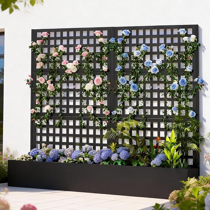 Metal Planter Box with Trellis Black Raised Garden Bed Privacy Screen Planters with Trellis for Climbing Plants Vegetable Flowers Outdoor Indoor Large 2Pcs Set