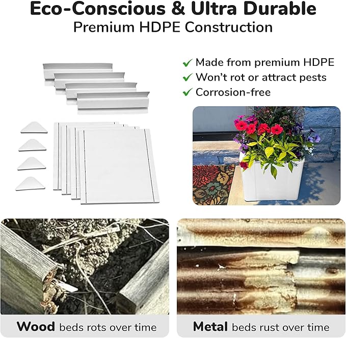 Raised Garden Bed - 1x1 ft Planter Box - White HDPE - No Tools Needed - DIY Kit for Urban Gardening Flowers Herbs &amp Vegetables - Made in The USA - 2 Pack