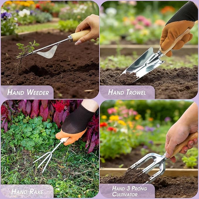 Garden Tool Set 10 PCS Gardening Essentials Stainless Steel Garden Hand Tools with Tote Bag Well-Designed Gardening Supplies Kit Gifts for Women Men Gardeners