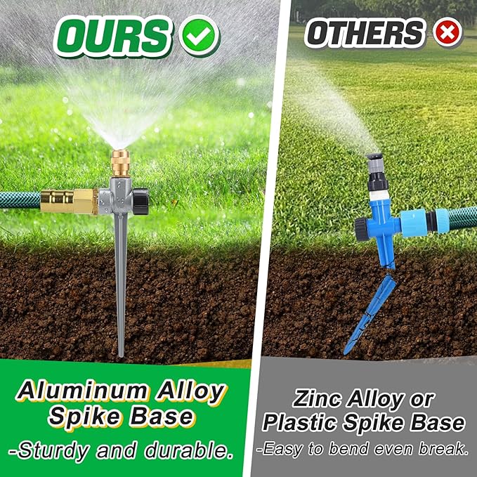 4 Pack Metal Lawn Sprinklers for Yard - 360° Coverage Water Sprinklers Adjustable Brass Nozzle with Aluminum Alloy Spike Base for Medium Garden Irrigation
