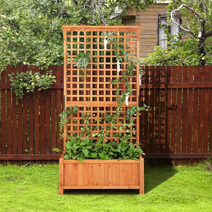 HAPPYGRILL Raised Garden Bed with Trellis 72.5 Planter Raised Bed with Drainage Holes Freestanding Garden Box for Vine Climbing Plants Wooden Planter Box for Yard Balcony (1 Orange)