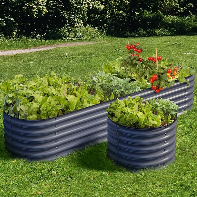 Olle 4-Style Modular Galvanized Raised Garden Beds Outdoor Easy Quick Setup 17 Tall 4-in-1 Metal Planter Boxes Outdoor for Flowers Vegetables Fruits Herbs DIY Gardening Grey