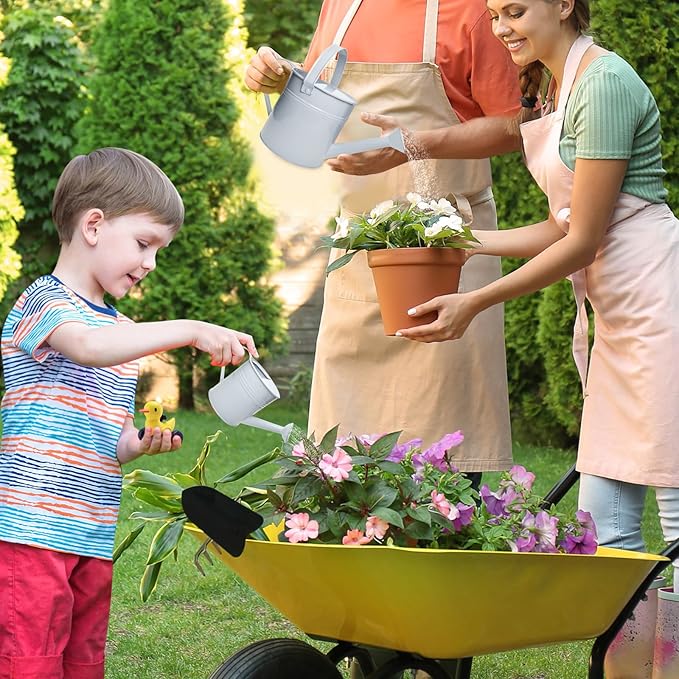 Small Metal Watering Can Set Pink 1.2L and 0.23L Garden Cans with Long Spout Indoor Outdoor Plant Care (White)