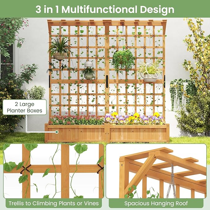 72” Planter Box with Trellis - Large Wooden Freestanding Garden Planter w/Hanging Roof 8 Drainage Holes &amp Lattice Panel - Raised Garden Bed with Trellis for Climbing Plants Flowers Vine