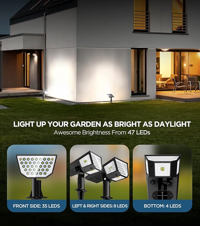 4 Pack Solar Spot Lights - Super Bright 4 Sides Illuminants 300° Angle IP65 Waterproof Outdoor Garden Landscape Lights (Cool White)