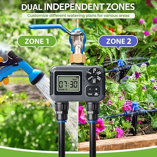 HIRALIY 100FT Drip Irrigation Kit with Garden Water Timer-2 Zone Automatic Garden Watering System for Raised Bed Quick Connect Design Irrigation System for Plant Patio