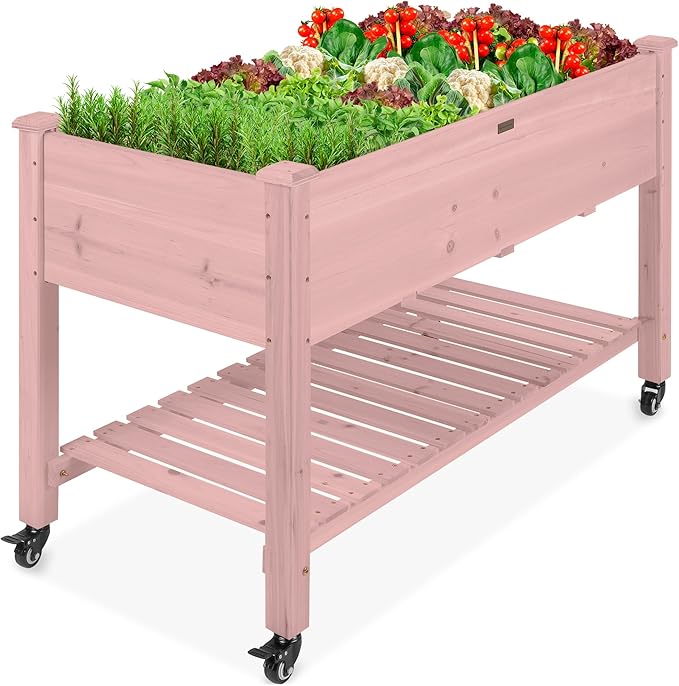 Best Choice Products Raised Garden Bed 48x24x32-inch Mobile Elevated Wood Planter w/Lockable Wheels Storage Shelf Protective Liner - Pink