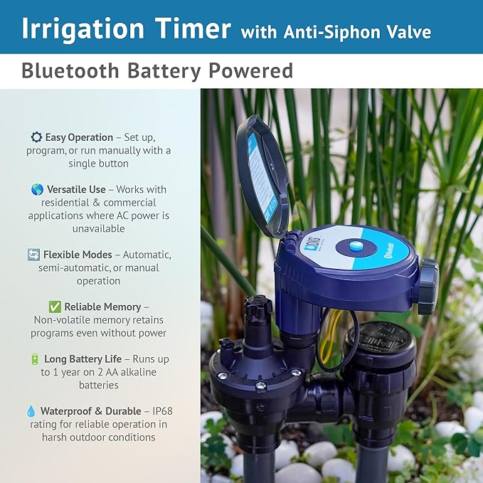 DIG BTC-ASV Bluetooth Battery Powered Weatherproof Wireless Irrigation Controller w/ Anti Siphon Valve - Smart Easy-to-Use Compatible with Residential Drip and Sprinkler Irrigation Systems