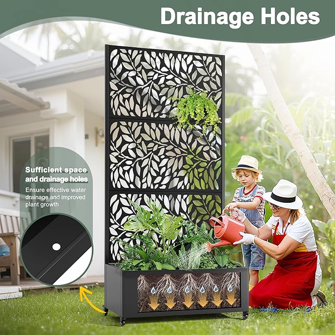 Metal Planter Box with Trellis and Wheels 35 L×16 W×71 H Outdoor Raised Beds with Privacy Screen Drainage Holes for Climbing Plants (Black Leaf)