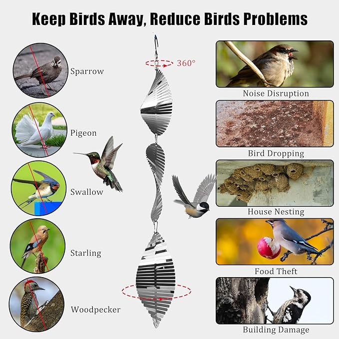 Stainless Steel Bird Deterrents for Outside3D Wind Spinners Outdoor Decor12 Discs Reflective Bird Scare Discs 4 Set Bird Reflectors to Keep Woodpecker Pigeon Away from House Window Patio Yard Porch