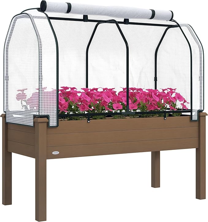 Outsunny Raised Garden Bed with PE Greenhouse Cover Outdoor Elevated Wood Planter Box for Herbs and Vegetables Use for Patio Backyard Balcony 48 x 22 x 46 inch Brown