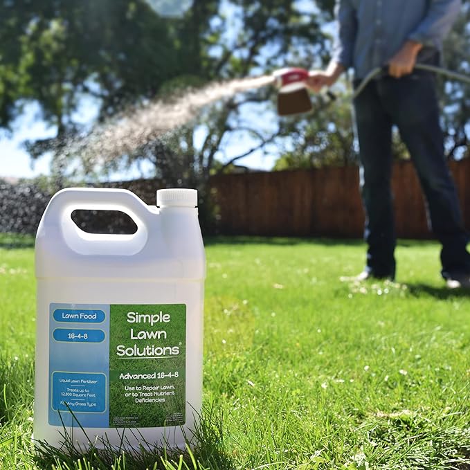 Advanced 16-4-8 Lawn Fertilizer - Liquid Lawn Food Spring &amp Summer Concentrated Spray - Any Grass Type- Fish and Seaweed Kelp- Balanced NPK - Simple Lawn Solutions (1 Gallon)