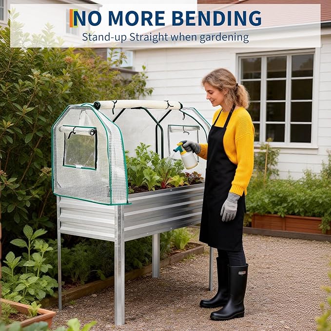 PeakPursuit Raised Garden Bed with Greenhouse Cover Raised Bed with Legs &amp Built-in Spray Tube for Vegetables Galvanized Metal Elevated Planter Box for Patio Backyard Balcony
