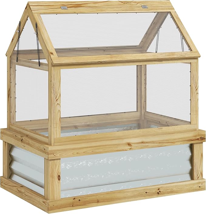 Raised Garden Bed with Polycarbonate Greenhouse Wooden Cold e Greenhouse GFlower Planter Protection Peak Roof 35.5 x 22.5 x 38.25 Natural