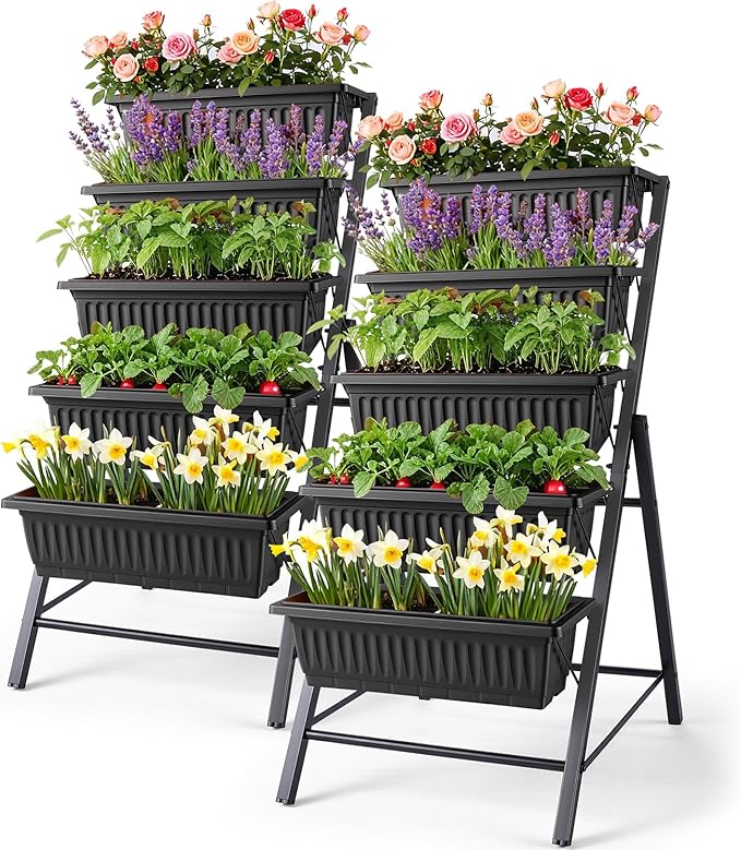 Homdox 2 Pack Vertical Garden Bed 5 Tiers Vertical Raised Garden Planter 23 * 26 * 45Inch Outdoor Garden Raised Bed with 4 Hooks Vegetable Flower Planter Raised Stand for Garden Patio Yard Black