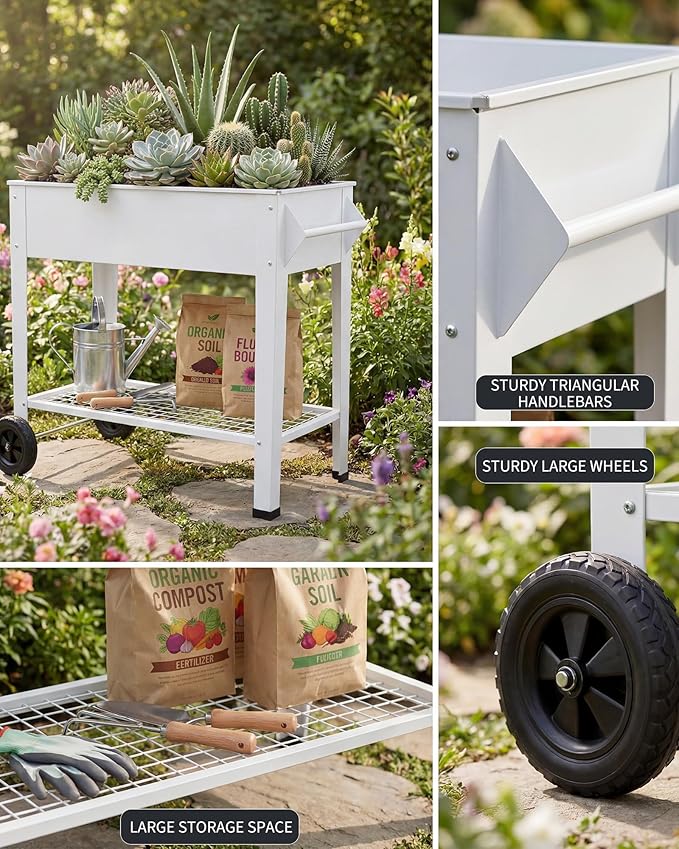 Elevate 39 Raised Garden Bed with Wheels &amp Storage Shelf 400 Lbs Capacity Anti-Rust Steel Planter Box for Vegetables &amp Herbs Patio/Balcony/Backyard