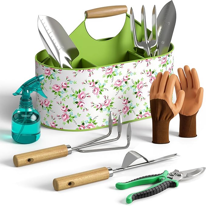 9-Piece Garden Tool Set Heavy Duty Metal Storage Basket with 4 Compartments Premium Stainless Steel Gardening Tools with Ergonomic Gardening Kit for Planting Gardening Gift for Men Women