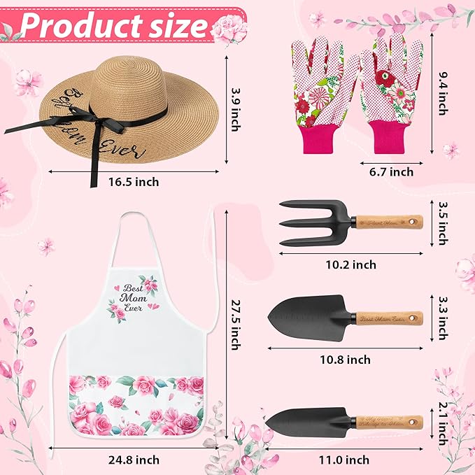 A1diee Mom Garden Tool with Box-Hand Rake Transplanter Apron Trowel Straw Hat Planting Gloves Gardening Set Outdoor Horticulture Starter for Best Mother in Law Plant Lover (Pink)