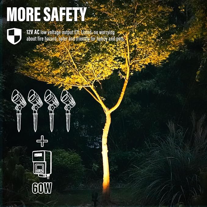 VENUS MANUFACTURING 4 Pack Low Voltage Landscape Flood Light 5Watt LED Outdoor Landscape Lighting Kits 400 Lumen Black Waterproof Spotlights 12V 2700K Warm White Metal Tree Lights for Garden &amp Yar
