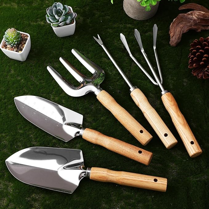 Luxshiny Garden Tool Set for Indoor and Outdoor Gardening 5pcs Ash Wood Handle with 430 Stainless Steel Hand Tools Yard Gardening Kit for Planting and Digging