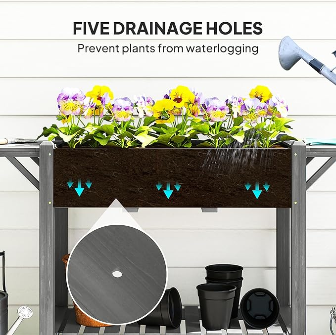 Premium Wood Elevated Garden Bed with Lockable Wheels Side Tables Bottom Shelf Drainage Holes and Classic Gray Finish