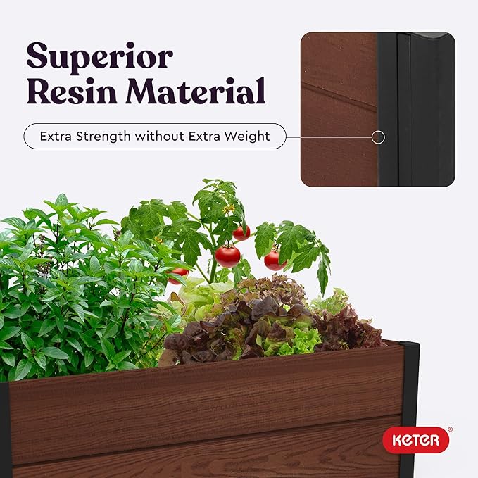Keter 48 X 48 inches Wood Look Raised Garden Bed Durable Outdoor Herb Garden Planter for Vegetables Flowers and Succulents Brown