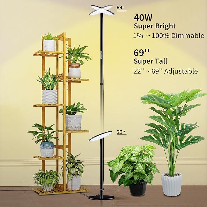 chiphy 69 Full Spectrum Grow Light for Indoor Plants 4/8/12H Timer 40W Tall Plant Lights 10 Level Dimmable Brightness Heights Adjustable Remote Control Ideal for Large Tall Plants