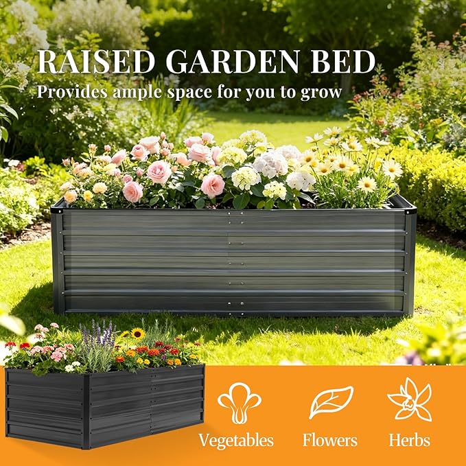 NEWBULIG 6x3x2ft Galvanized Raised Garden Bed Outdoor Metal Planters Box Large Garden Beds for Planting Vegetables Flowers &amp Herbs Easy Assembly Gray
