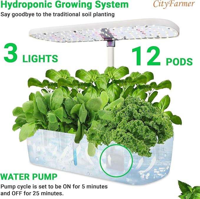 Indoor Hydroponics Growing System: Indoor Fresh Vegetable Herb Garden Kit with LED Grow Light Quiet Smart Water Pump Automatic Timer - Planter for Home Kitchen Office (White 12 pod)
