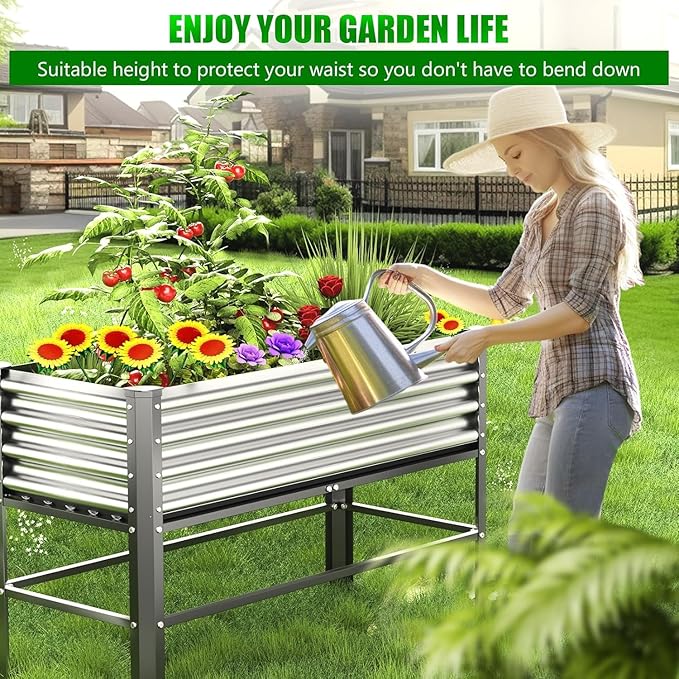 Doniks Raised Garden Bed with Legs 48×24×32in Large Outdoor Metal Galvanized Garden Planting Box 600lb Capacity for Vegetables Lawn Green Flowers Fruits Terrace