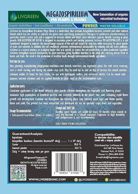 Megazospirillum Azospirillum Super Blend Organic Bio Fertilizer Boost plant growth and root mass perfect for new plantings transplants and propagation.