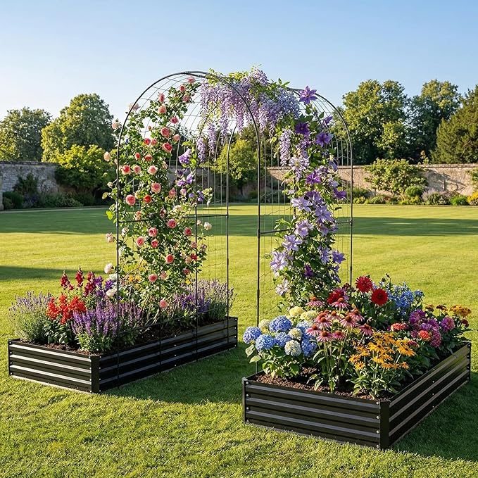 DTIG Galvanized Raised Garden Bed with Trellis 6×3×1 FT 2 Pack Outdoor Garden Bed Upgraded 4×3 Support Black