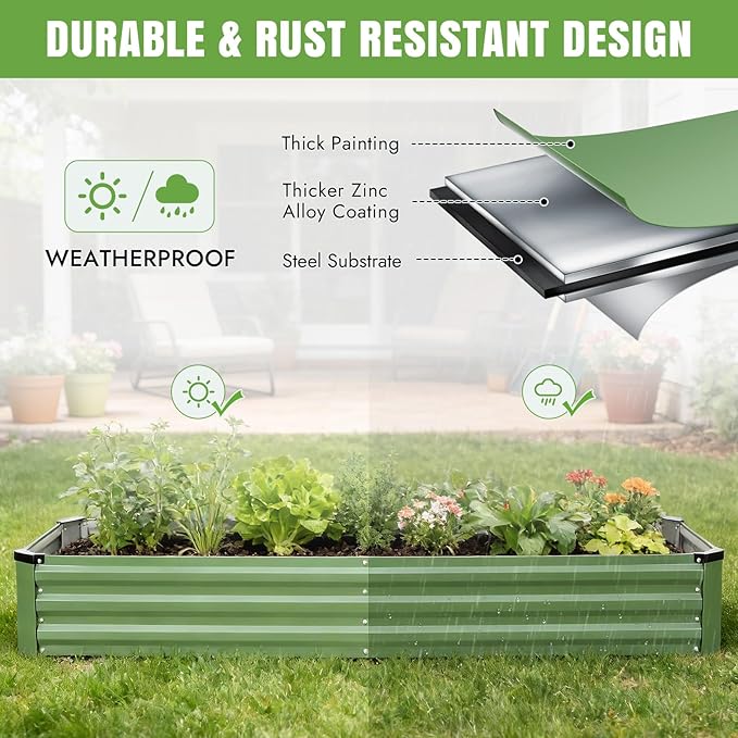 INNO STAGE Galvanized Raised Garden Bed Kits 8x2x1ft Metal Raised Garden Beds Outdoor Large Steel Raised Planter Bed with Gloves for Vegetables &amp Flowers Patio Ground Planter Box(Olive Green 2P