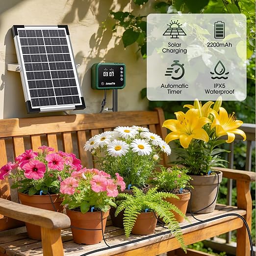 8W Solar Drip Irrigation System for Gardens DIY Automatic Drip Kit Supports Watering 30 Pots Includes 35m Drip Hose and 30 Emitters Suitable for Gardens/Greenhouses/Outdoor Irrigation Timer