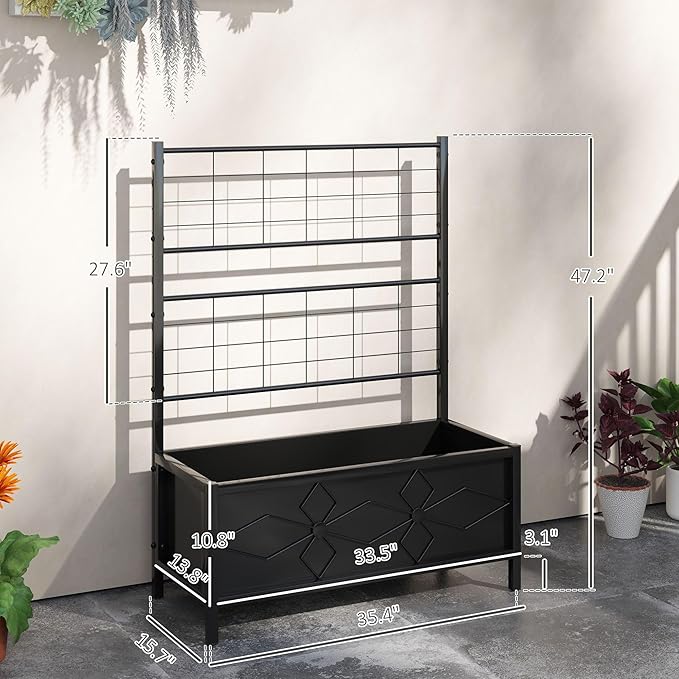 35.4x15.7x47.2 110lb Durable Robust Galvanized Steel Raised Garden Bed with Built-in Trellis and Efficient Drainage Black
