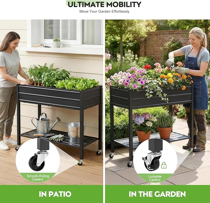 ZORMY 32 Tall Galvanized Raised Garden Bed with Legs Wheels &amp Shelf Elevated Planter Box Outdoor for Vegetables Herbs &amp Flowers Patio &amp Backyard Garden Bed with 400lb CapacityBlack