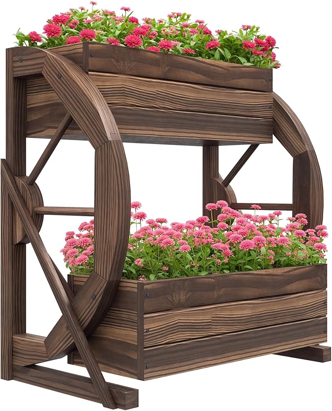 Outsunny 2-Tier Raised Garden Bed Wooden Wagon Planter Boxes with Drainage Holes for Vegetables Flowers Herbs 22 x 13 x 22