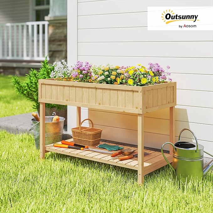 Outsunny 43x18x30in Raised Garden Bed with 8 Pockets and Shelf Wooden Elevated Planter Box with Legs to Grow Herbs Vegetables and Flowers Natural
