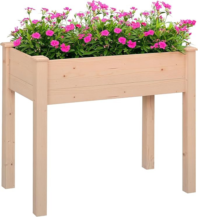 Outsunny Raised Garden Bed with Legs 34 x 18 x 30 Elevated Wooden Planter Box Self-Draining with Bed Liner for Vegetables Herbs and Flowers Backyard Patio Balcony Use Natural