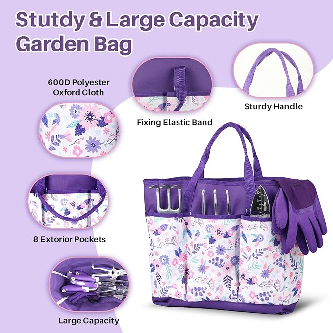MelonArt Garden Tool Set 10 Pcs Heavy Duty Gardening Tool Kit Women Garden Gift Set Aluminum with Non Slip Ergonomic Handle Storage Tote Bag and Gloves Garden Supplier for Women&ampMen(Purple)