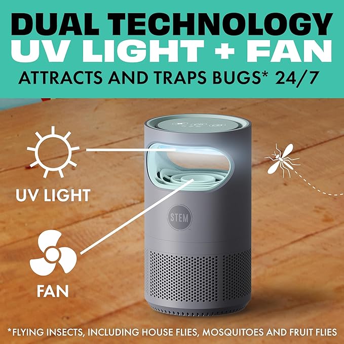 STEM Flying Insect Fan Trap for Indoor Bug Control Attracts Mosquitoes Fruit Flies and House Flies Plug-in Fan with UV Light Starter Kit Includes 1 Device and 5 Glue Traps
