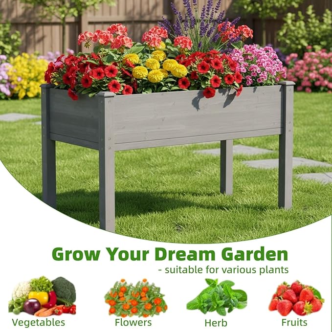48x24x30In Raised Garden Bed with Legs – Wooden Planter Box with Bed Liner for Outdoor Flowers Vegetable Herb FruitErgonomic HeightPet &amp Animal Proof Plant stand for Backyard Patio Balcony Grey