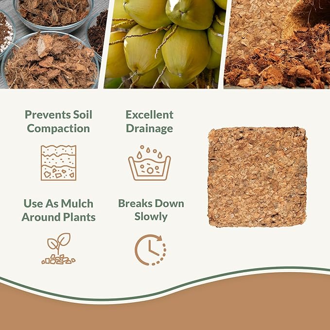 Organic Coco Chips for Plants (40lbs) - Coco Coir Chips - Coconut Husk Chips for Potting Soil Garden Soil &amp Seed Starter Soil - Coconut Mulch for Garden - Compressed Coconut Chips for Plants