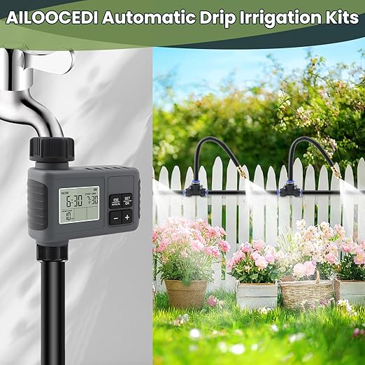 100FT Automatic Drip Irrigation Kits with Water Timer - Garden Watering System with 360° Bendable Spray Adjustable Copper Atomizing Nozzles for Yard Lawn Raised Bed Greenhouse Potted Plants