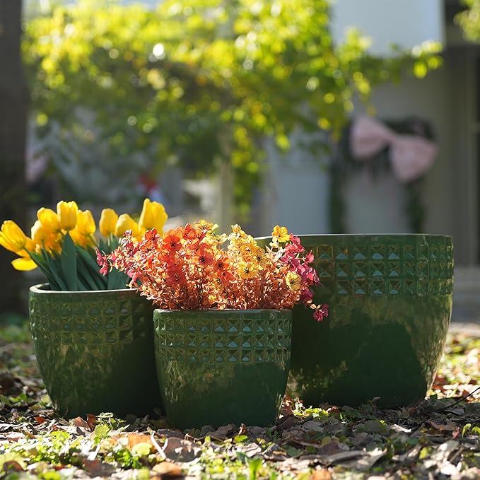 Handmade Ceramic Planter Set of 3 15129 Inch Diameter Green Diamond Pattern for Orchids Succulents IndoorOutdoor Use on Windowsill Bookshelf Breathable Clay