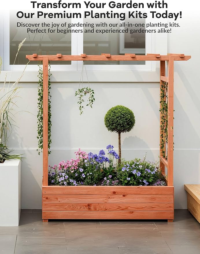 Elevated Wooden Garden Bed with Arch Trellis &amp Hanging Roof – Outdoor Planter Box for Climbing Vines Hanging Flowers Above-Ground Design with Side Trellis &amp 4 Drainage Holes43x17x45