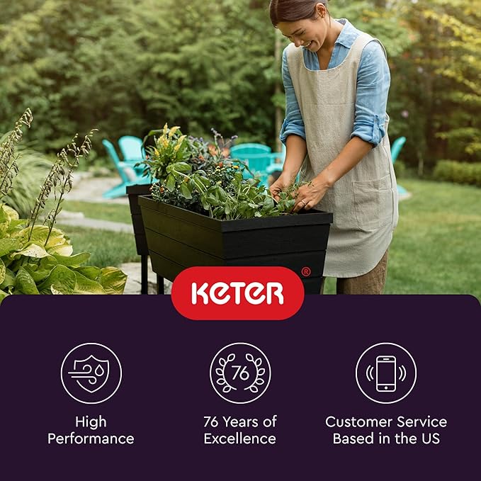 Keter Urban Bloomer 12.7‑Gallon Raised Garden Bed – Elevated Outdoor Planter Box with Self‑Watering Reservoir Water Gauge &amp Drainage System Perfect for Herbs &amp Vegetables Dark Grey